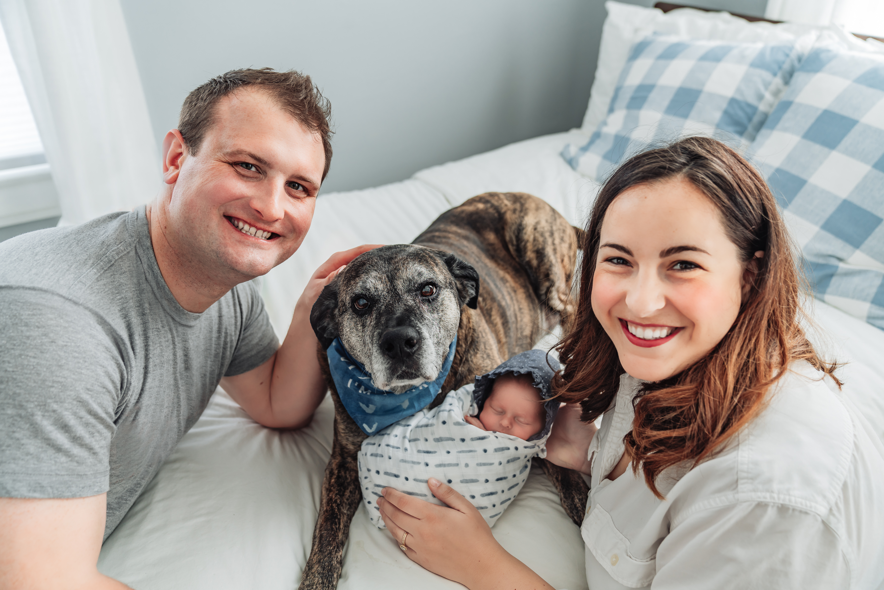Family Portrait of a Mom, Dad, newborn baby and their dog.